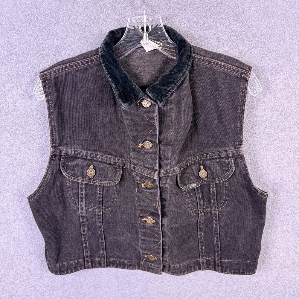 VTG Lee Denim Vest Womens S Black Floral Trim Corduroy Collar Cropped